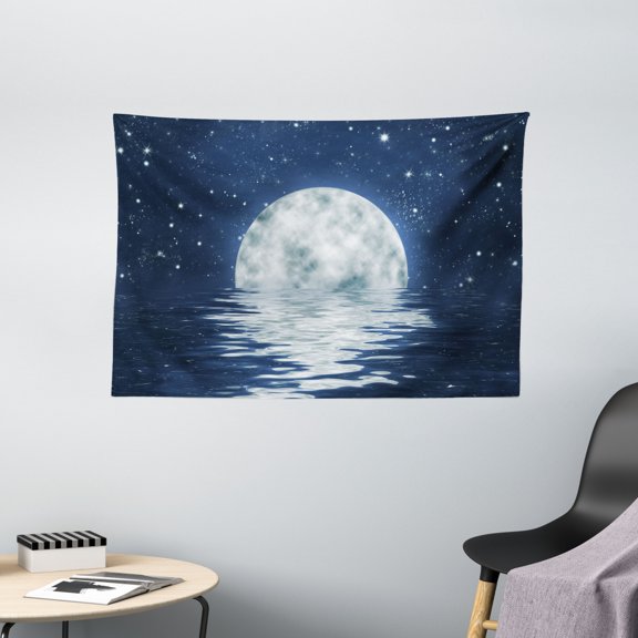 Moon Tapestry, Moon Setting over the Sea with Waves Night Sky with Stars End of the Evening, Wall Hanging for Bedroom Living Room Dorm Decor, 60W X 40L Inches, Night Blue White, by Ambesonne