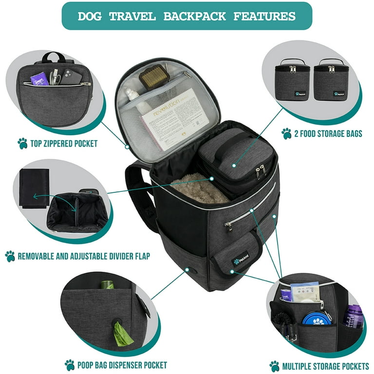 Dog Travel Bag Backpack with Poop Bag Dispenser Multi-Function