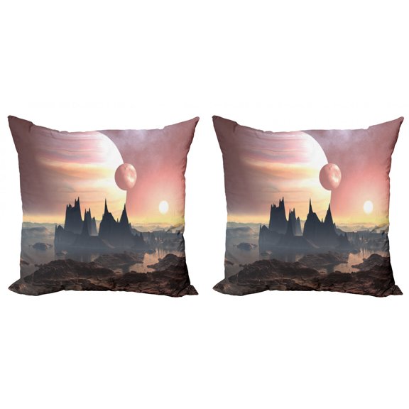 Ambesonne Fantasy Throw Pillow Cover 2 Pack, Twin Moons over Planet, 20", Blush Yellow Dark Brown