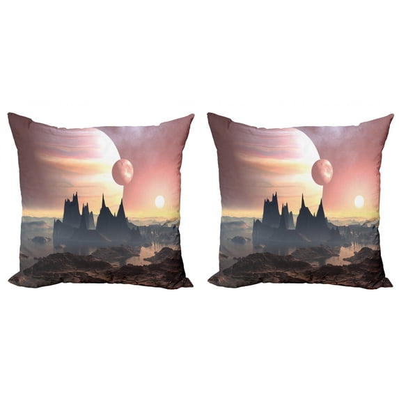Ambesonne Fantasy Throw Pillow Cover 2 Pack, Twin Moons over Planet, 20", Blush Yellow Dark Brown
