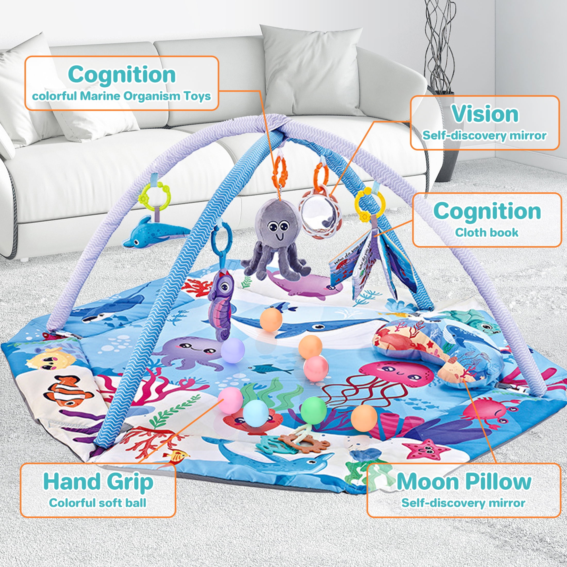 KOPPOP 4-in-1 Baby Play Gym & Activity Mat with Ball Pit, Safe for Tummy Time & Play Blue