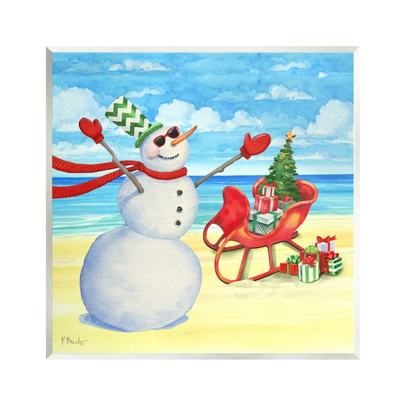 Stupell Industries Snowman on Beach Scene Holiday Painting Unframed Art Print Wall Art, 12 x 12