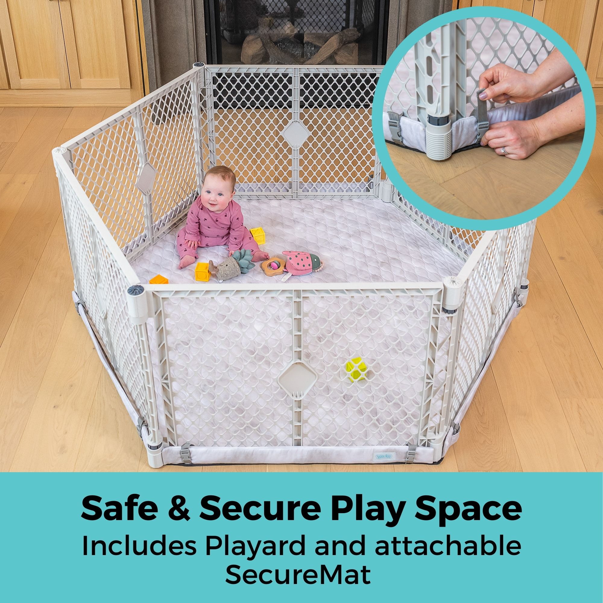 Toddleroo by North States 6-Panel Superyard Nook with SecureMat, Hexagon Clouds, White