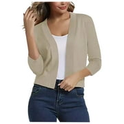 JGGSPWM Women Solid Cardigans Open Front Tunic 3/4 Sleeve Shirts Basic Outwear Cropped Shrugs Cardigan Cable Knit Sweater Tops Beige L