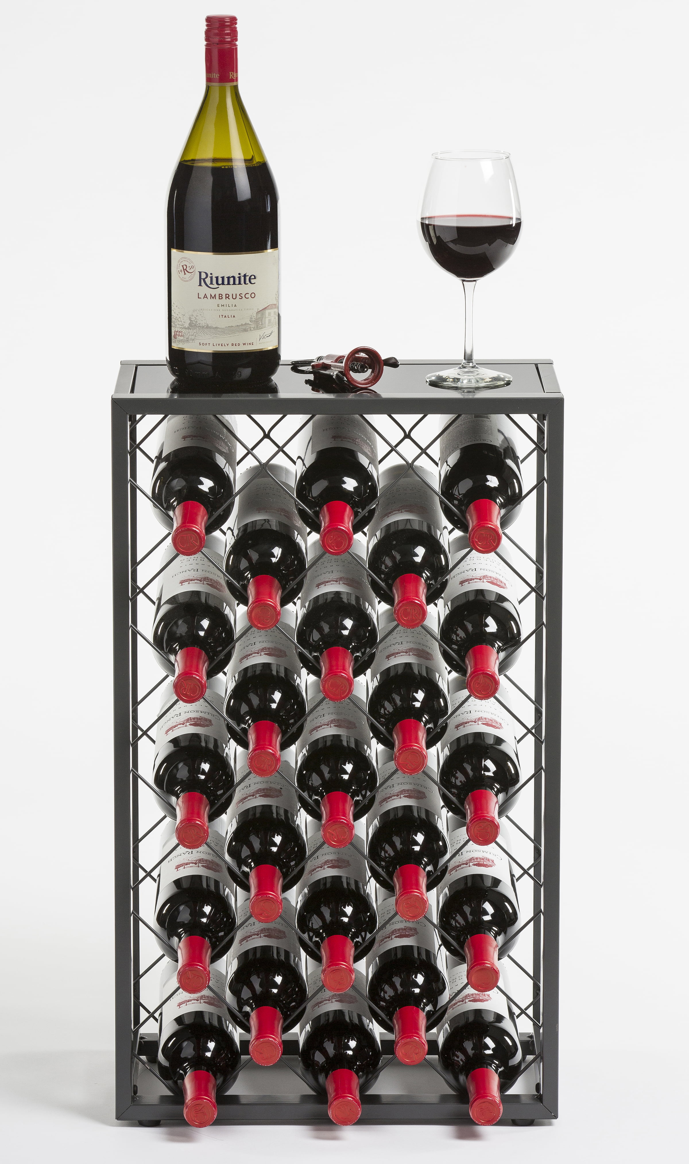 Pewter Mango Steam 32 Bottle Wine Rack with Glass Table Top 