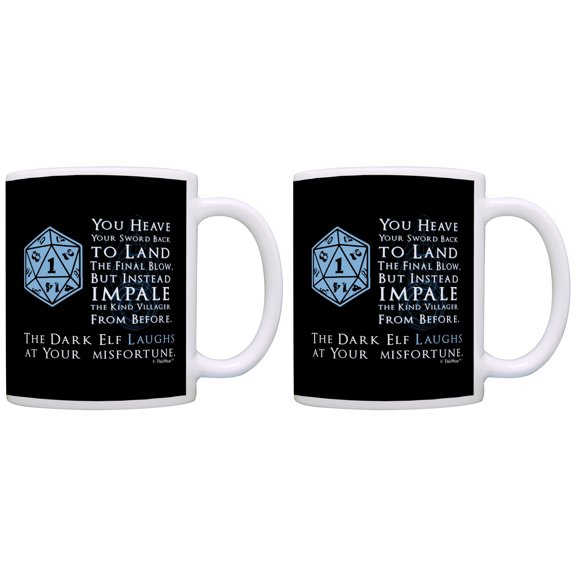ThisWear Gamer Gifts D20 Critical Fail Dark Elf Laughs Chaotic Neutral 11 ounce 2 Pack Coffee Mugs Black