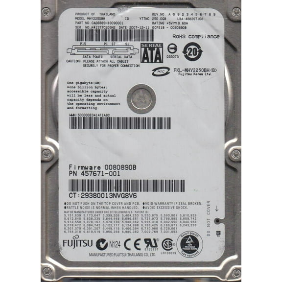 MHY2250BH, PN CA06889-B30900C1, Fujitsu 250GB SATA 2.5 Hard Drive