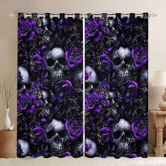 Homewish Halloween Horror Skull Kitchen Curtains,Goth Romantic Rose Black Out Curtains Pack of 2 (42x63 Each),Purple