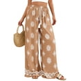 thumbnail image 3 of Women's Wide Leg Palazzo Pants 2026 Summer Boho Floral Trousers Drawstring Elastic Waist Wide Leg Pants with Pockets Spring Flowy Beach Vacation Clothes Resort Wear Lounge Pants Khaki XL, 3 of 6