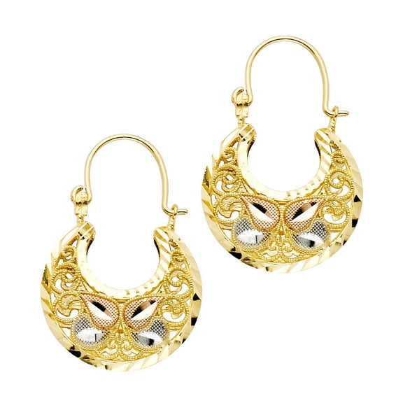 14k Tri-Color Gold Ornate Leaf Hoop Hinge Clasp Basket Filigree Swirl Earrings Jewelry Female Unisex