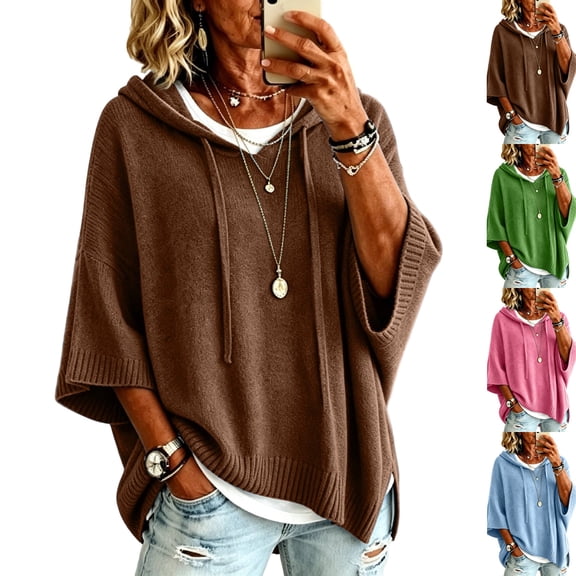 Women Oversized Tunic Sweaters Fall Slouchy 3/4 Sleeve Ribbed Knit Drawstring Pullover Y2K Fall Drop Shoulder Hoodies Brown M