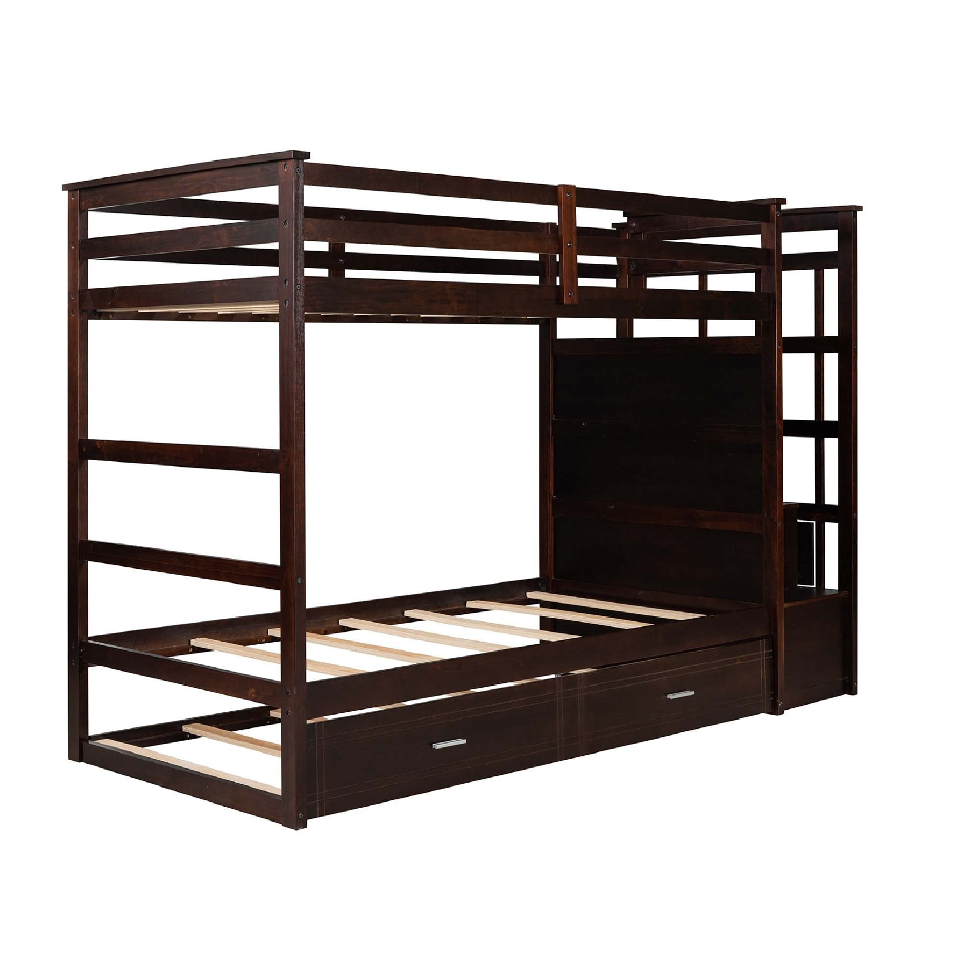 Aukfa Twin over Twin Bunk Bed with Trundle and Staircase, Wood Bunk Bed with 4 Storage Drawers for Kids, Teens - Espresso