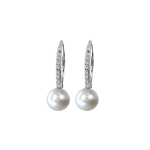 Luxury Designs Boucles d'Oreilles Ladies Sterling Silver Pearl & CZ Leverback