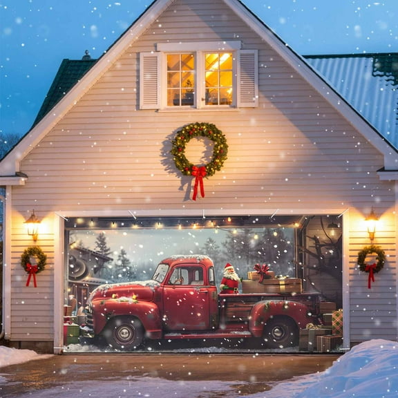 Christmas Red Garage Door Banner Covers, Truck Santa Claus Large Hanging Indoor/Outdoor Backdrop Background for Christmas Winter Party Decor, 6.9x16 FT