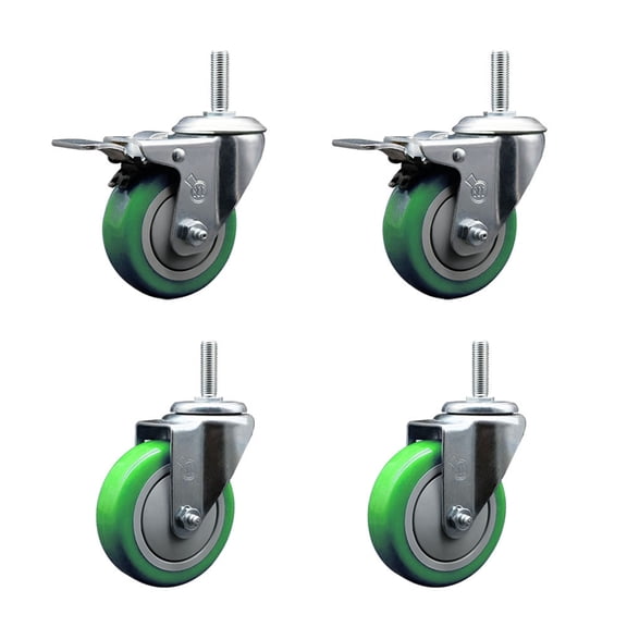 4 Inch Green Poly Swivel 3/4 Inch Threaded Stem Caster Set 2 Total Lock Brakes
