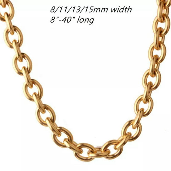 EOEMY 11/13/15mm Heavy Women Mens Chain 316L Stainless Steel Rolo Necklace Or Bracelet-Gold Tone-11mm-24Inch Or 61Cm