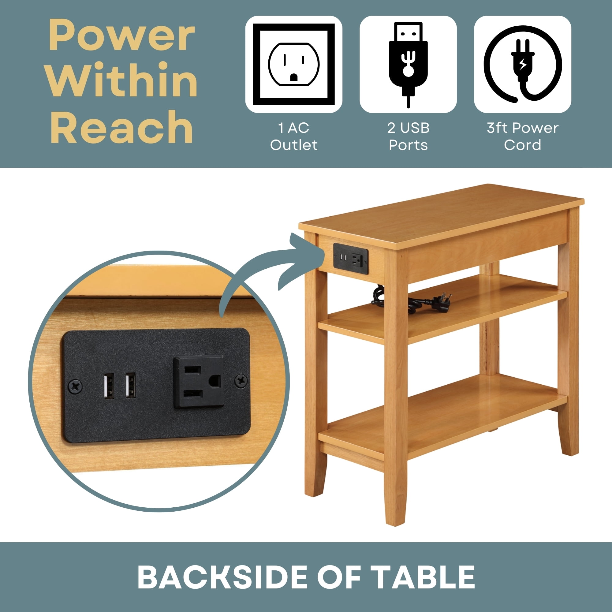 Convenience Concepts American Heritage End Table/Charging Station, Natural