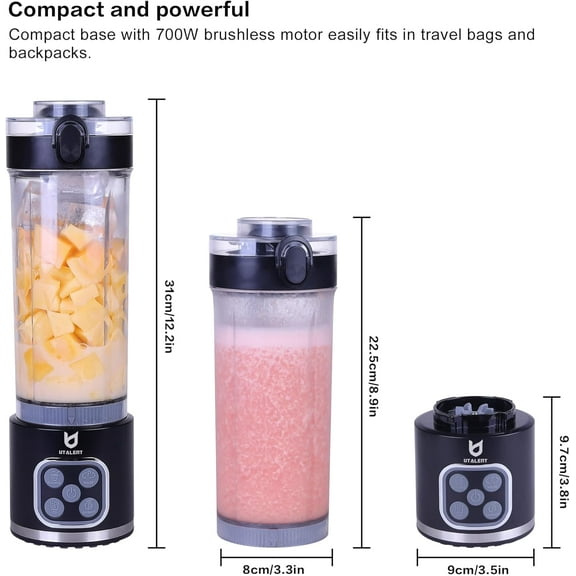 Cordless Portable Blender, 25 oz Removable Vessel, Powerful Personal Blender, for Smoothies, Ice Crush, 4 Programs, Leakproof-Lid & Sip Spout, USB-C Rechargeable, Dishwasher Safe Parts, Black