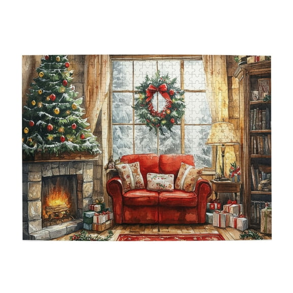 500 PCS Fireplace Sofa Christmas Scene Art Wooden Puzzles For Adults 500 Pieces,Puzzles Suitable For Entertaining With Family During Holidays,Classic Home Christmas Scene High Difficulty Puzzle
