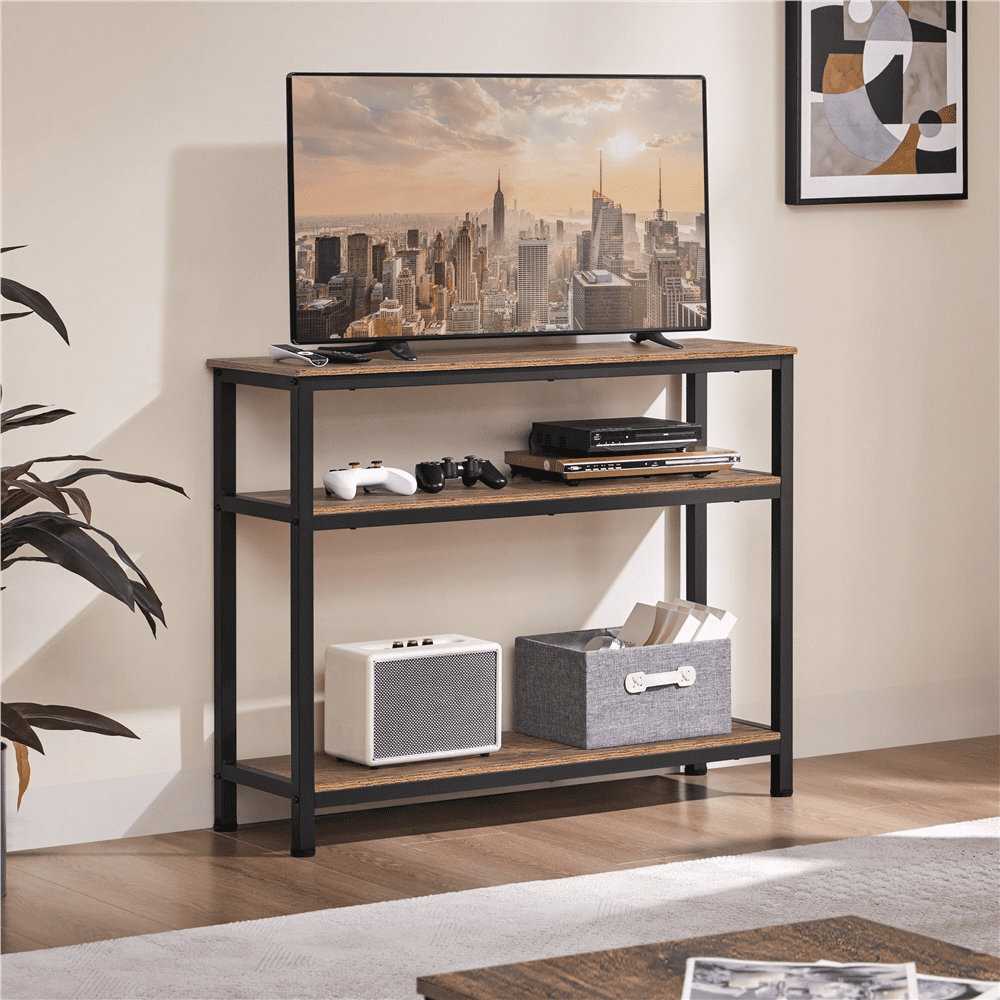 Renwick 3 Piece Industrial Console Table & Side Table Set with Storage Shelves, Rustic Brown