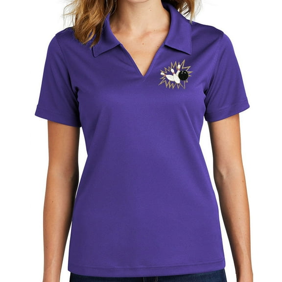 Ladie's Crashing Bowling Pins No Buttons Dri-Mesh Polo Shirt, 3XL Purple