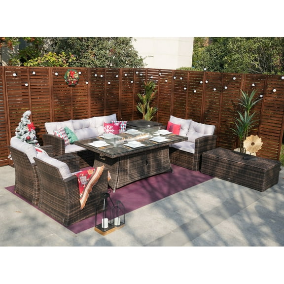 Outdoor 7-Piece Rattan Sectional Sofa Sets with 72" Gas Fire Pit Table Wicker Conversation Set Storage Box - Brown