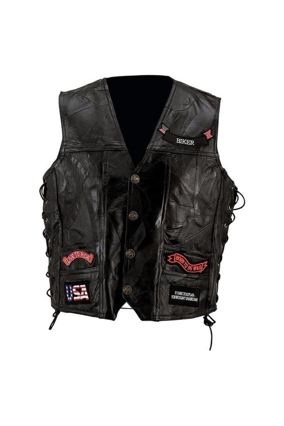 Rock Pattern Black Buffalo Leather Vest with Patches - Size 3X