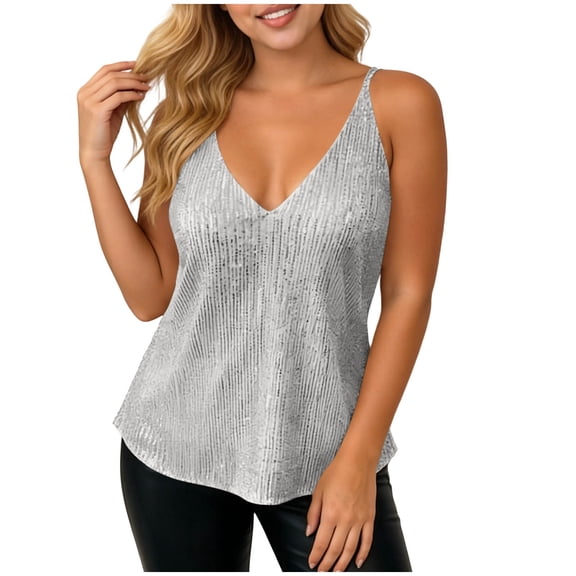 HAiming Women's Tank Tops Sequin Sleeveless Solid Color Camisole V Neck Fashion Slim Shirts Summer Vacation Evening Party Tops