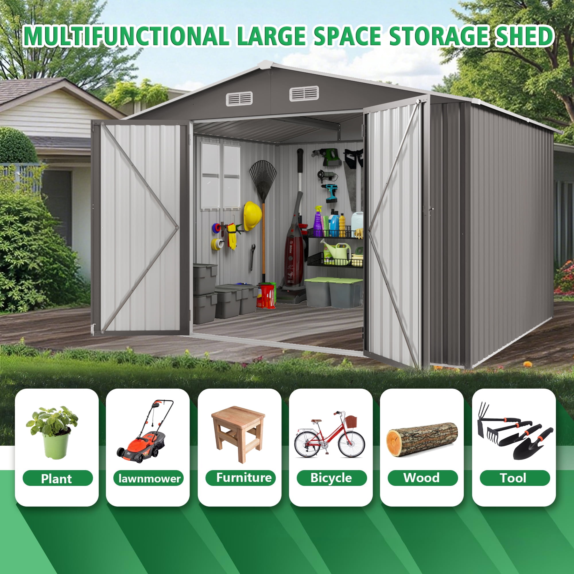 10x12 FT Outdoor Metal Storage Shed with Double Doors & Two Windows, Large Waterproof Garden Shed for Lawn Mowers, Bike, Pool Equipment, Patio Furniture, Trash Bins, Backyard, Grey