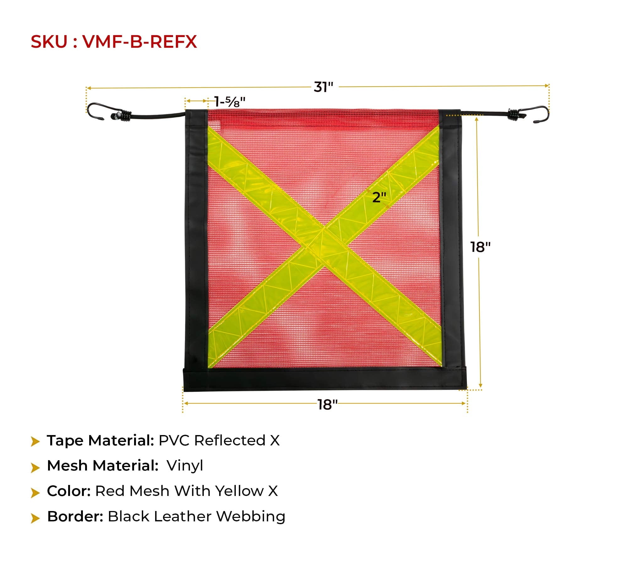 4 Pack Red Safety Flag with Bungees Cord DOT Compliant - 18 Inch x 18 Inch Reflective High Visibility X - Black Leather Webbing Mesh Warning Flags