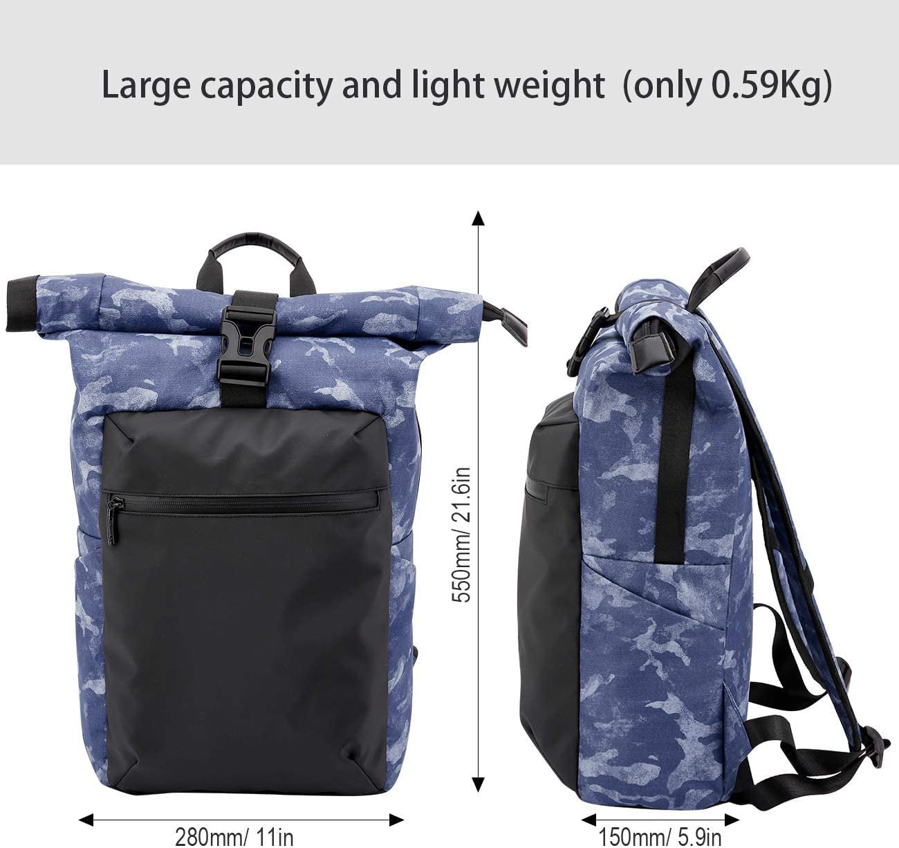 ERAY Roll Top Backpack Waterproof Casual Daypack Lightweight Outdoor Hiking Travel Backpack Day Pack for Women Men Blue