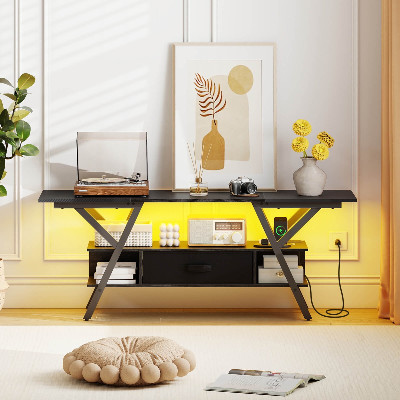 Costway 3-Tier TV Stand with Power Outlets for 65” TVs, LED Lights & Remote Storage Shelves Black