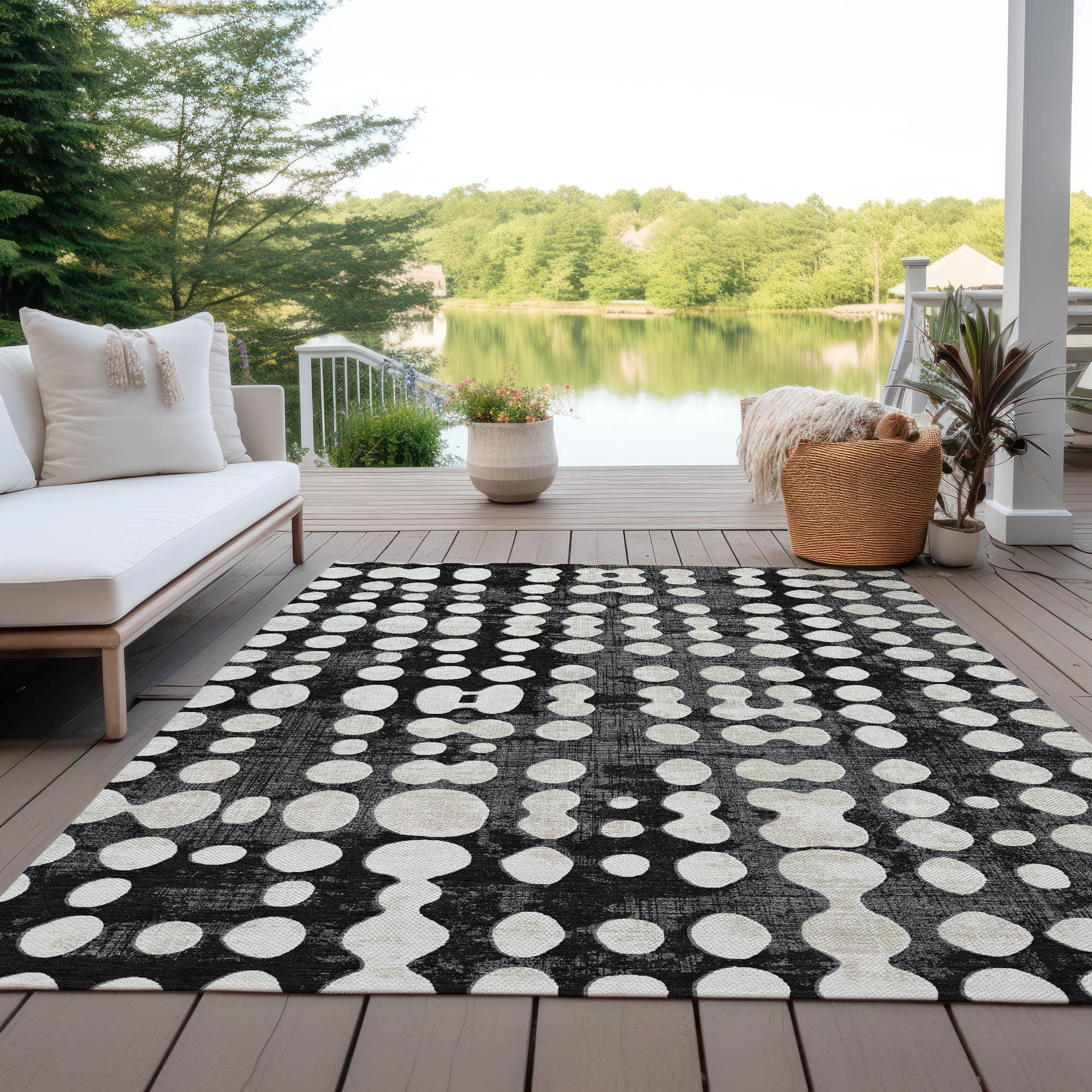 Addison Rugs Chantille Indoor/Outdoor Transitional Circles Black Washable Rectangle Rug, 5' x 7'6"