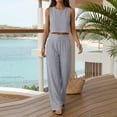 thumbnail image 6 of Textilo Two-Piece Set for Women Cotton Linen Sleeveless Crewneck Crop Top Drawstring Wide Leg Pants Elastic High Waisted Set Travel Lounge Summer Vacation Loose-Fit Walking Tracksuit,Gray 2XL, 6 of 6