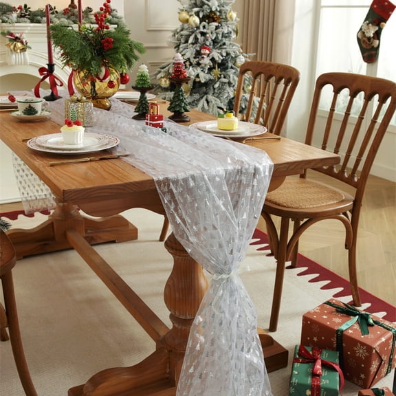 Fievgin Silver Christmas Gauze Table Runner 59x71in, Winter Foil Christmas Tree Holiday Dining Table Decor for Xmas Party