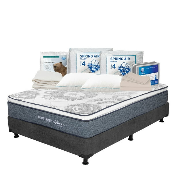 Colchón Matrimonial Ghana Restonic + Box + 2 Almohadas + Protector de Colchón + Juego de Sábanas