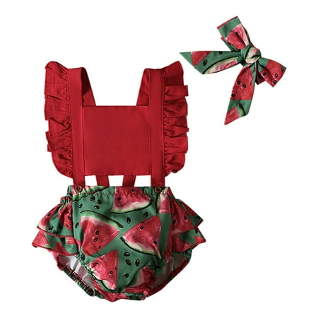 

Rovga Baby Girl Bodysuits Girl Clothes Home Floor Crawl Clothes Watermelon Print Crawling Suit Hayi Small Flying Sleeves Red Backless Lace Up Jumpsuit
