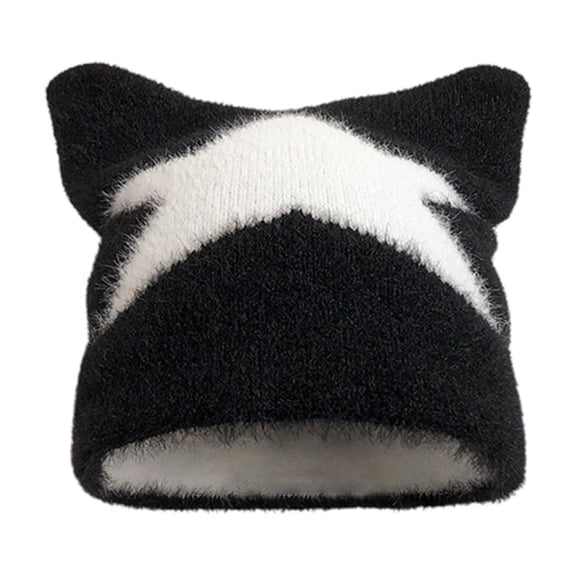 Cat Ear Knit Beanie Five Point Star Adult Winter Warm Slouchy Cap