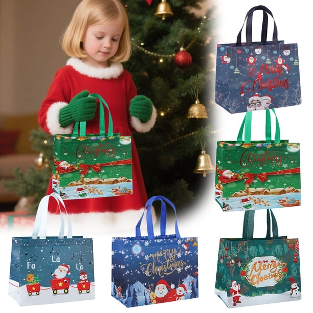 Bolsa de Regalo Navideña Portátil Plegable de Tela No Tejida Recubierta | Diseños Navideños Festivos | Reutilizable | Plegable y Ahorra Espacio | Multifuncional | Fácil de Transportar | Paquete de 5