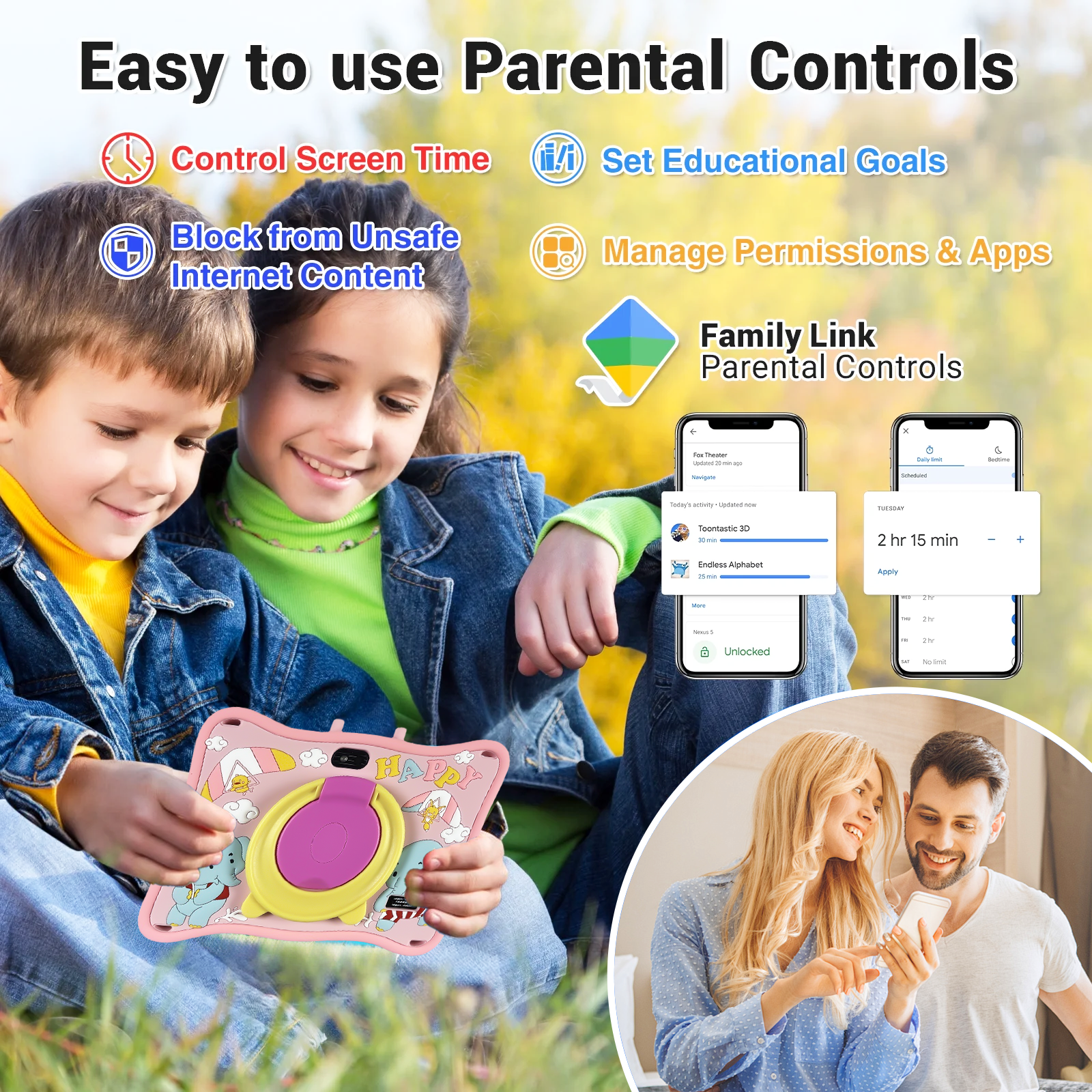 Kids Tablet,Android Toddler Tablet, 128GB Storage, Dual Camera, Shockproof Case, Parental Control Tablets Support