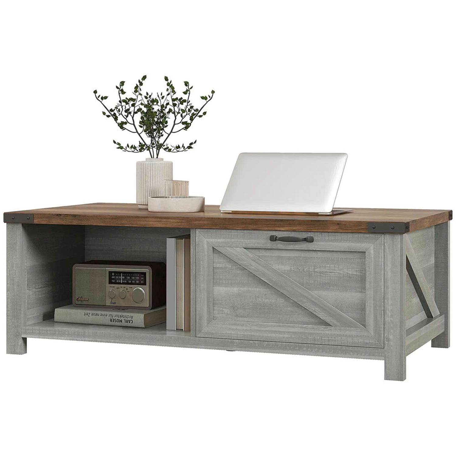Demi Bonn 46" Rustic Coffee Table with Storage, Farmhouse End Table with Drawer & Open Shelf for Living Room, Space-Saving Console Table, Gray
