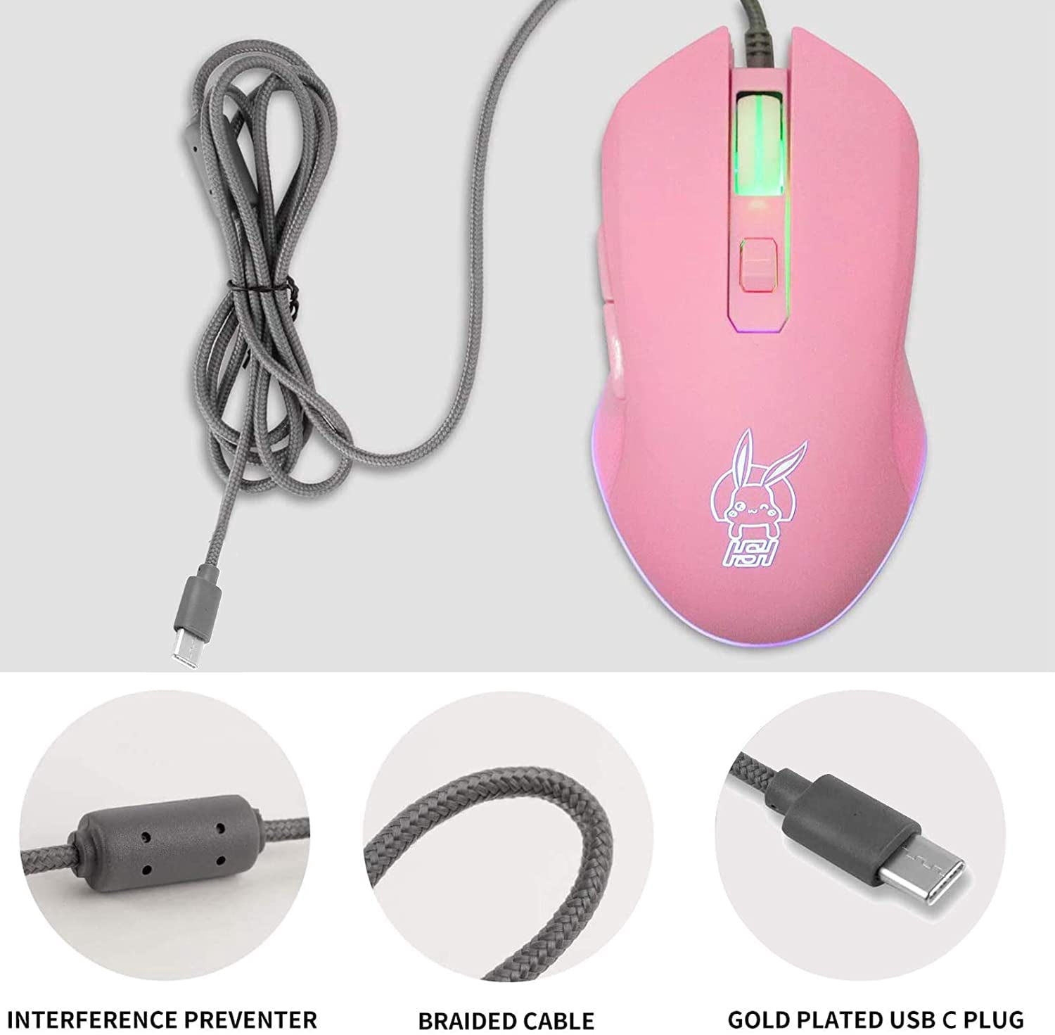 Type C Wired Mouse, Silent Computer Mouse, Optical Gaming Mouse, Ergonomic 7 LED Backlight, 2400 DPI 6 Buttons