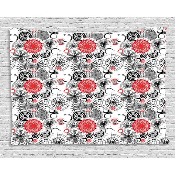 Red and Black Tapestry, Grunge Street Art Indian Mandala Themed Circles Rounds Art Print, Wall Hanging for Bedroom Living Room Dorm Decor, 60W X 40L Inches, Charcoal Grey and White, by Ambesonne
