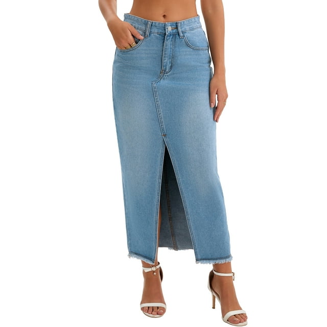 Falda de mezclilla de mujer Inspire Chic, de cintura alta, con abertura frontal, dobladillo sin terminar, falda maxi lavada con bolsillos, falda de jeans XL azul claro