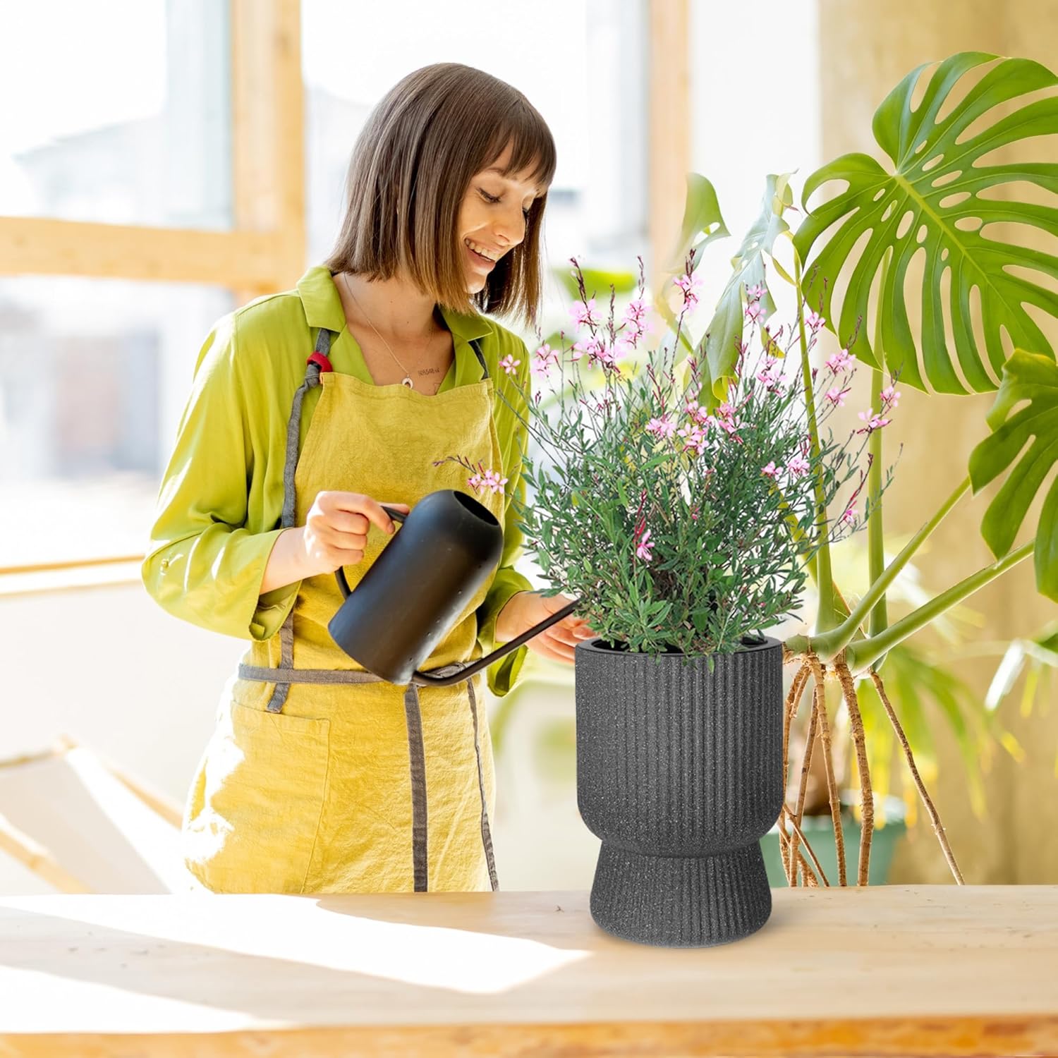 Riedhoff 14.2" Planters Pots Set of 2, with Inner Bucket & Water Level Monitor, Marble Black