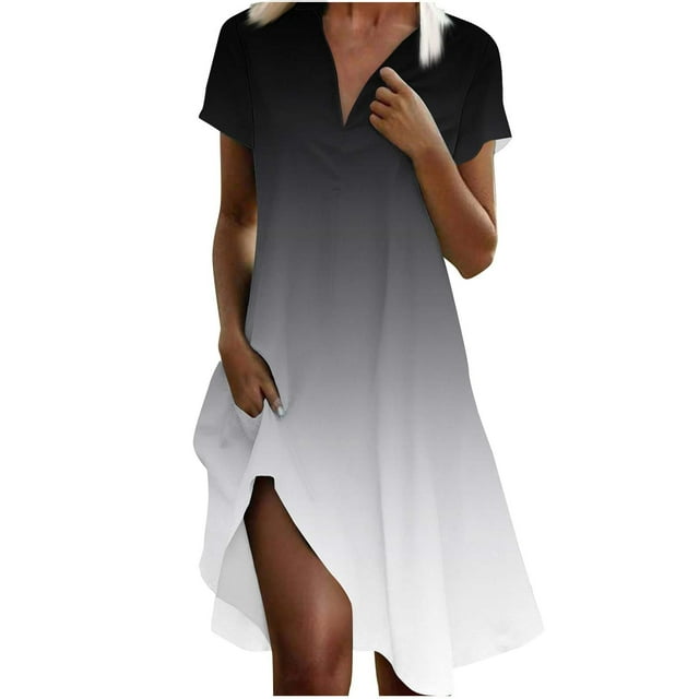 Liquidation d'Été 2025! Robe Grande Taille pour Femmes, Liquidation d'Été pour Femmes, Mode Femmes Robe Dégradée Col en V Manches Courtes Ample et Confortable
