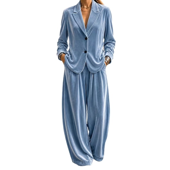 Szluipve 2 Piece Sets for Women Velvet 2 Piece Suit Outfit Notched Lapel Button Blazer Jacket & High Waist Wide Leg Pleated Pants Elegant Casual Matching Set with Pockets Sky Blue S