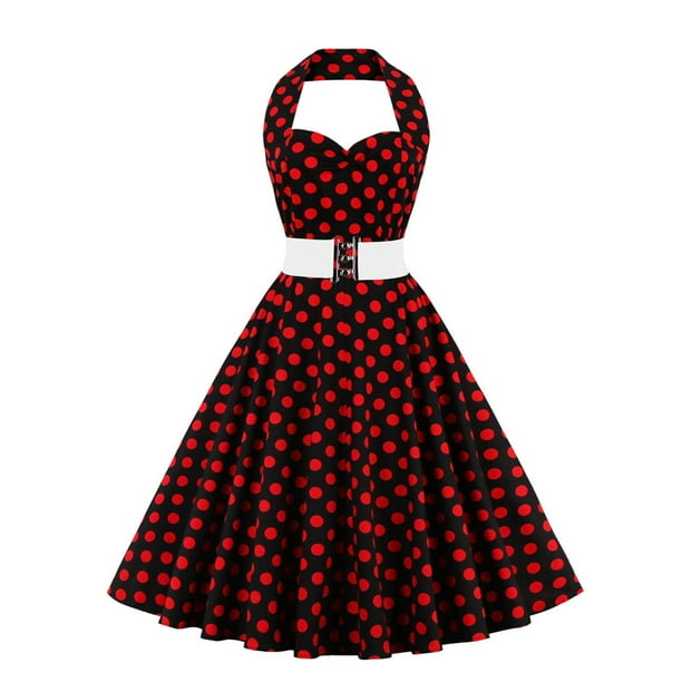 Vestidos Para Mujer Vestidos Casuales Sin Mangas Cuello Redondo Retro Estampado de Lunares Cinturón de Cintura Alta Cuello Halter Vestido Sin Espalda Odeerbi ODB149614