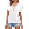 thumbnail image 4 of QAFOPEH Women Guipure Lace Trim V Neck Tiered Ruffle Short Sleeve Blouse, 4 of 7