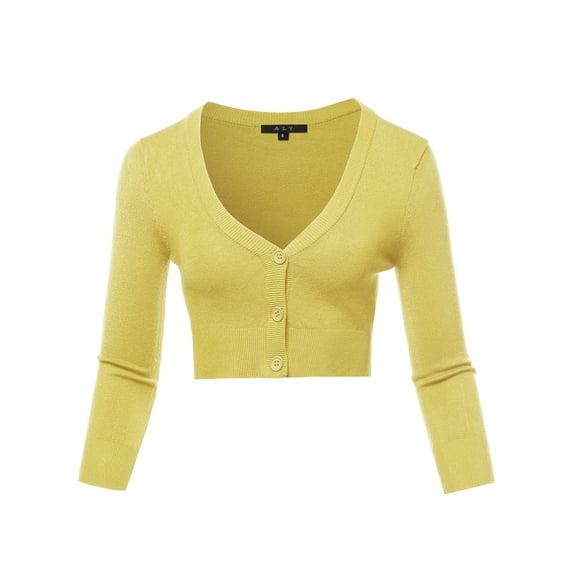 A2Y Women's Solid Cropped Bolero 3/4 Sleeve Button Down V-Neck Cardigan Sweater Baby Yellow 2XL